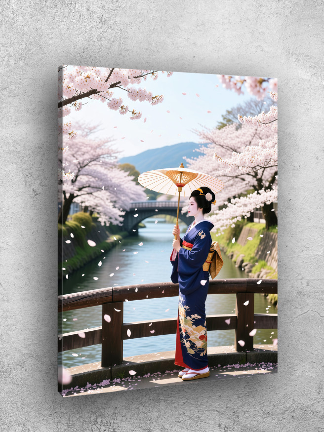 Постер на холсте &amp;quot;Гейша под цветущей сакурой у реки&amp;quot;