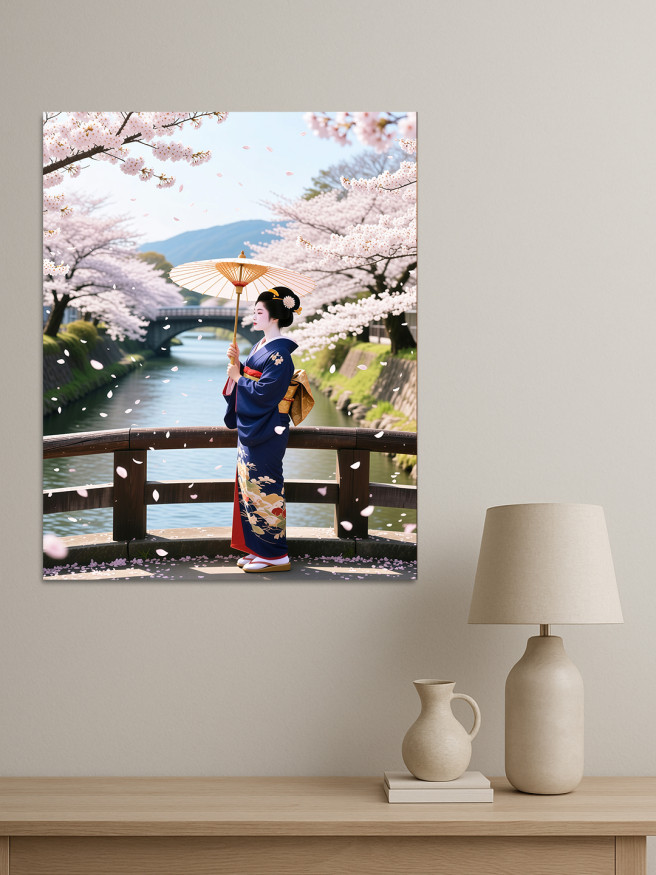 Постер на холсте &amp;quot;Гейша под цветущей сакурой у реки&amp;quot;