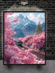 Holstga bosilgan poster "Gullagan sakura orasida poyezd"