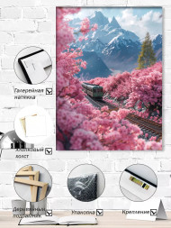 Holstga bosilgan poster "Gullagan sakura orasida poyezd"