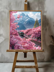 Holstga bosilgan poster "Gullagan sakura orasida poyezd"