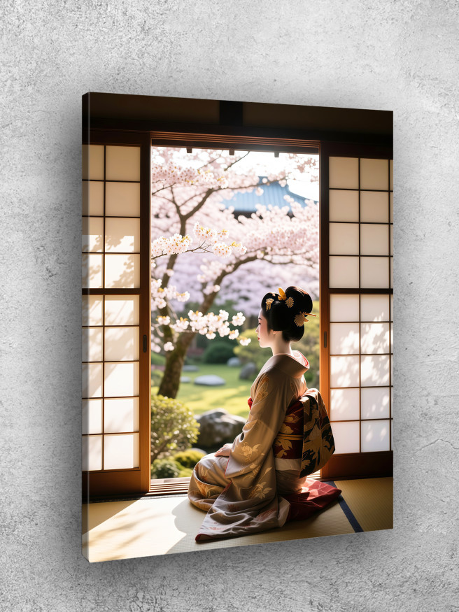 Постер на холсте &amp;quot;Гейша у окна с видом на сакуру&amp;quot;