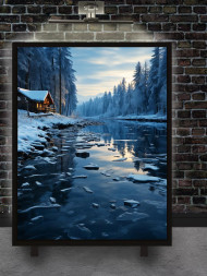 Holstga bosilgan poster "Daryo bo‘yidagi qishki oqshom"