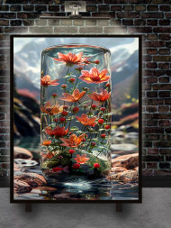 Holstga bosilgan poster &quot;Buloq yonidagi shisha ostida gullar&quot;