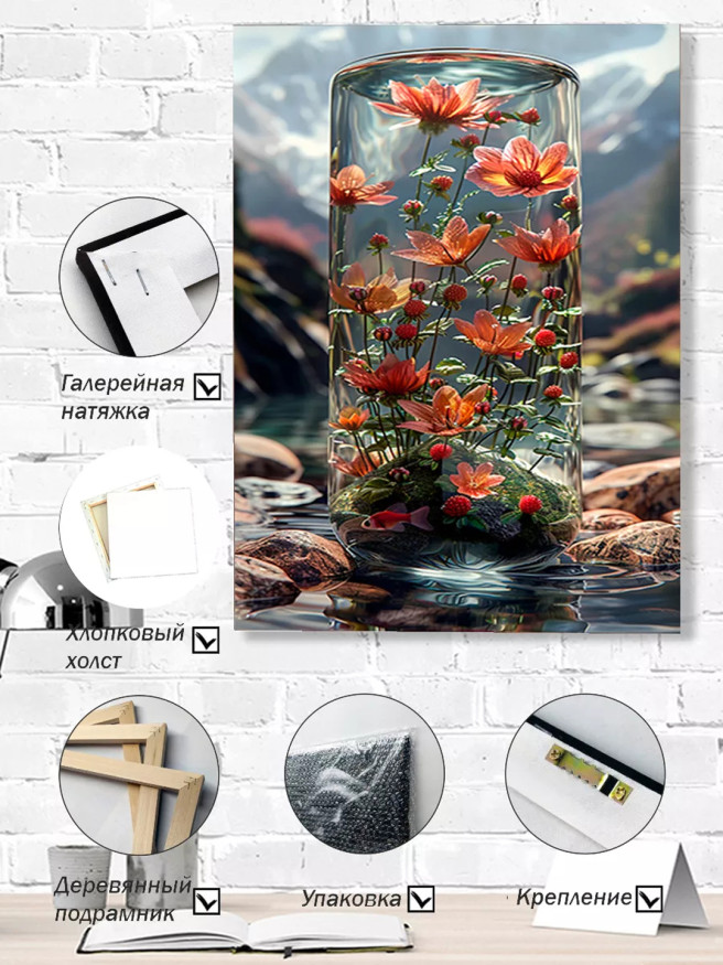 Holstga bosilgan poster &amp;quot;Buloq yonidagi shisha ostida gullar&amp;quot;