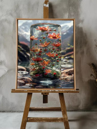 Holstga bosilgan poster &quot;Buloq yonidagi shisha ostida gullar&quot;