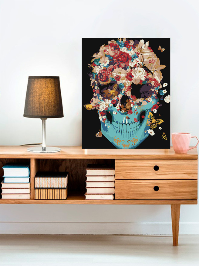 Raqamlar bo&amp;#039;yicha rasm &amp;quot;Gullar va kapalaklar bilan inson bosh suyagi&amp;quot;