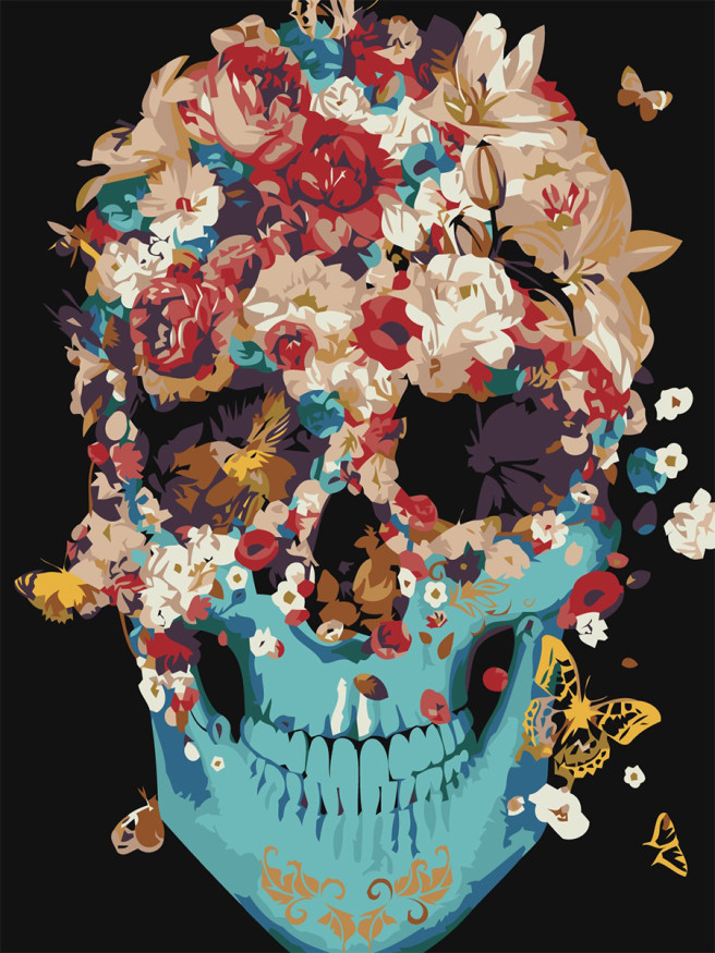 Raqamlar bo&amp;#039;yicha rasm &amp;quot;Gullar va kapalaklar bilan inson bosh suyagi&amp;quot;