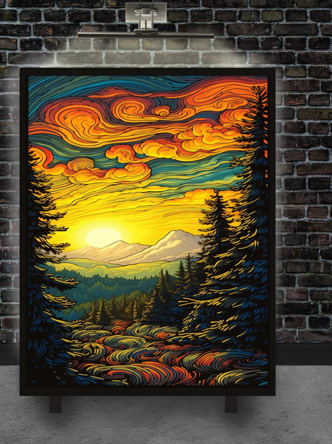 Holstga bosilgan poster &amp;quot;Qoramtir o‘rmon uzra shafaq&amp;quot;