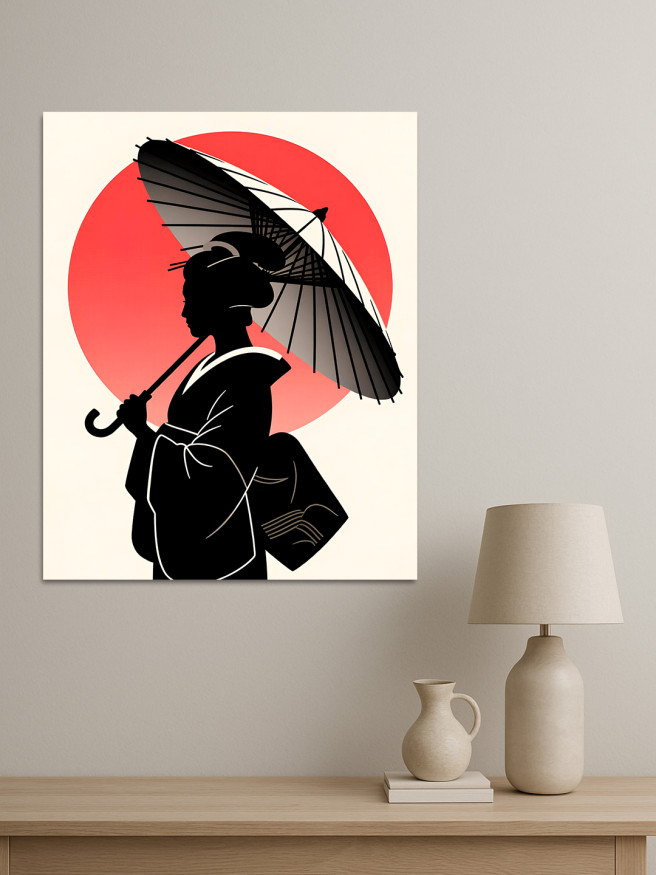 Постер на холсте &amp;quot;Силуэт гейши на фоне солнца&amp;quot;