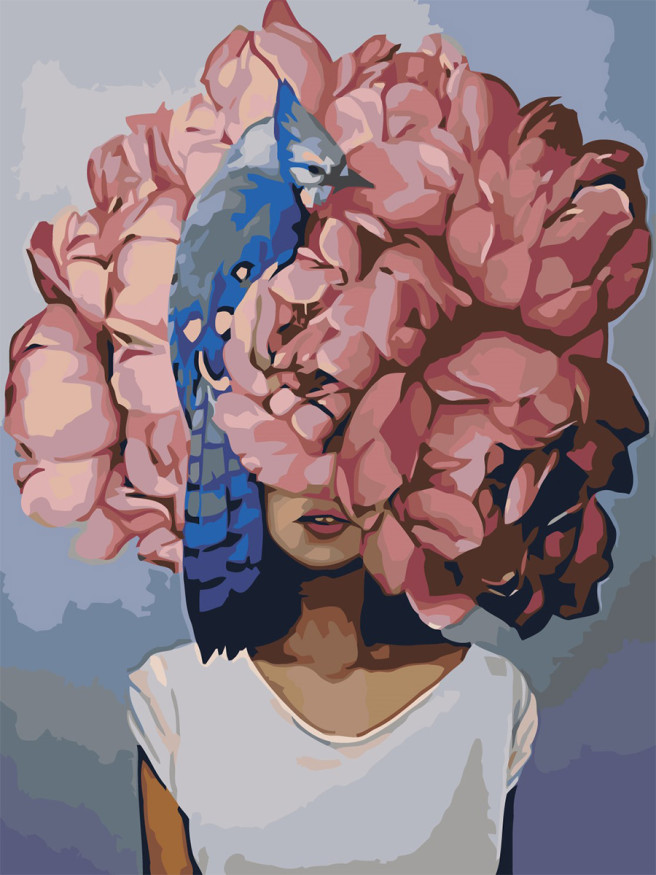 Raqamlar bo&amp;#039;yicha rasm &amp;quot;Gullar va qush bilan qiz&amp;quot;