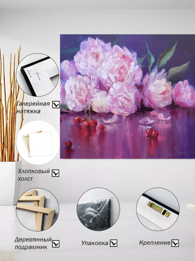 Постер на холсте &amp;quot;Пионы и вишни на стекле&amp;quot;