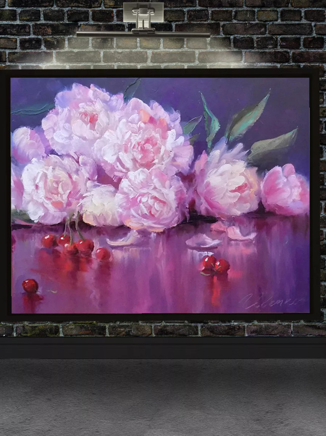 Постер на холсте &amp;quot;Пионы и вишни на стекле&amp;quot;