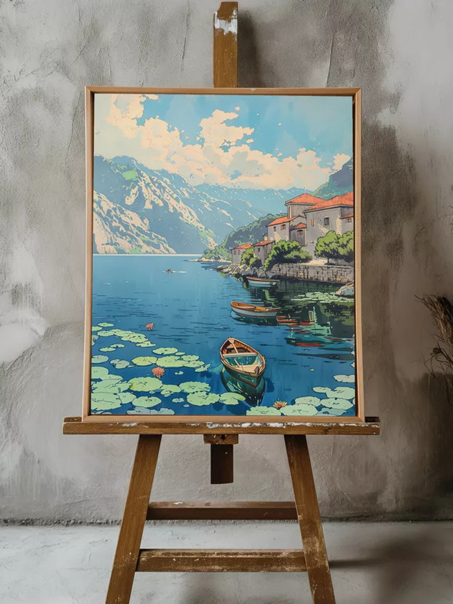 Постер на холсте &amp;quot;Лодки у горного берега&amp;quot;