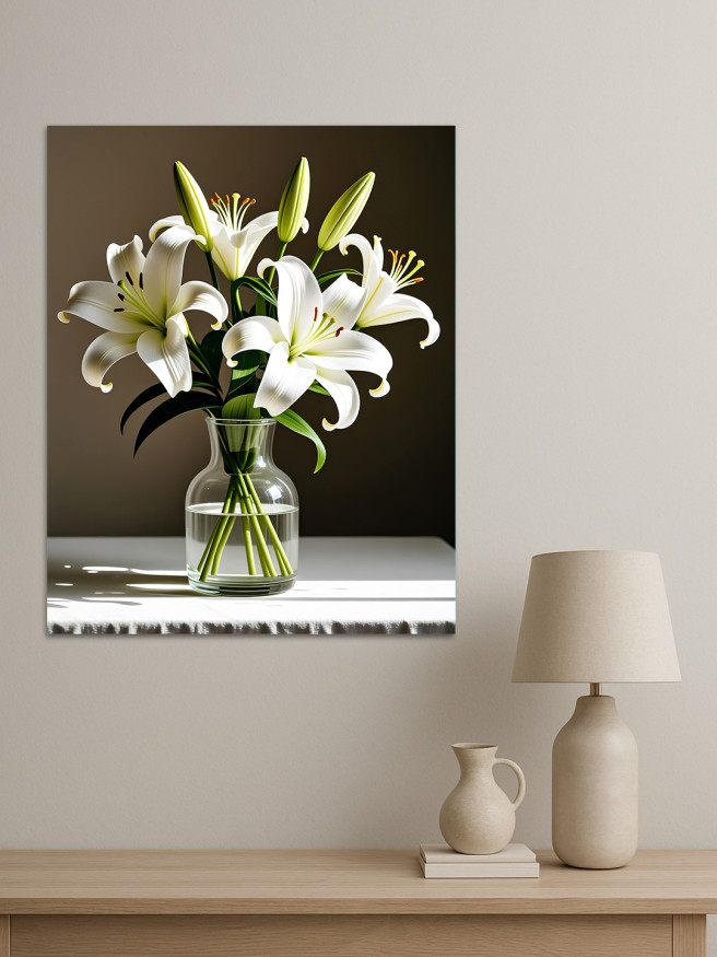 Holstga bosilgan poster &amp;quot;Shisha vazadagi oq lolalar&amp;quot;