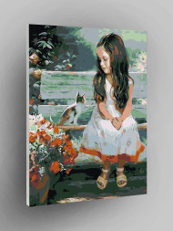 Raqamlar bo&#039;yicha rasm &quot;Skameykadagi qiz va mushukcha&quot;