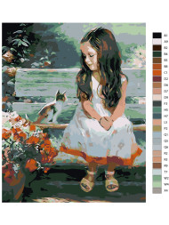 Raqamlar bo&#039;yicha rasm &quot;Skameykadagi qiz va mushukcha&quot;