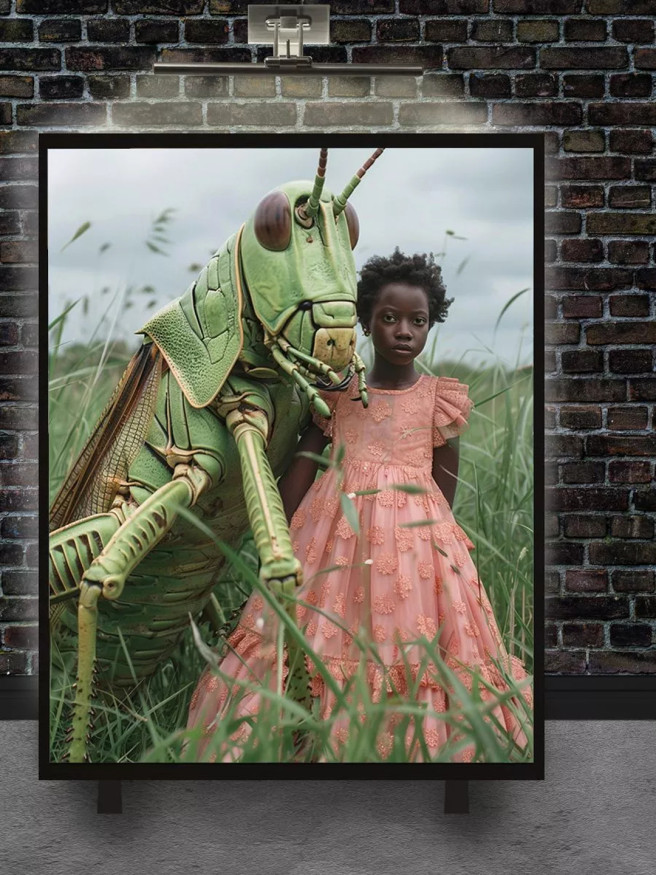 Постер на холсте &amp;quot;Девочка и кузнечик-гигант&amp;quot;