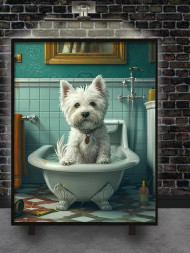 Holstga bosilgan poster &quot;Yuvinish oldidan vannadagi kuchukcha&quot;