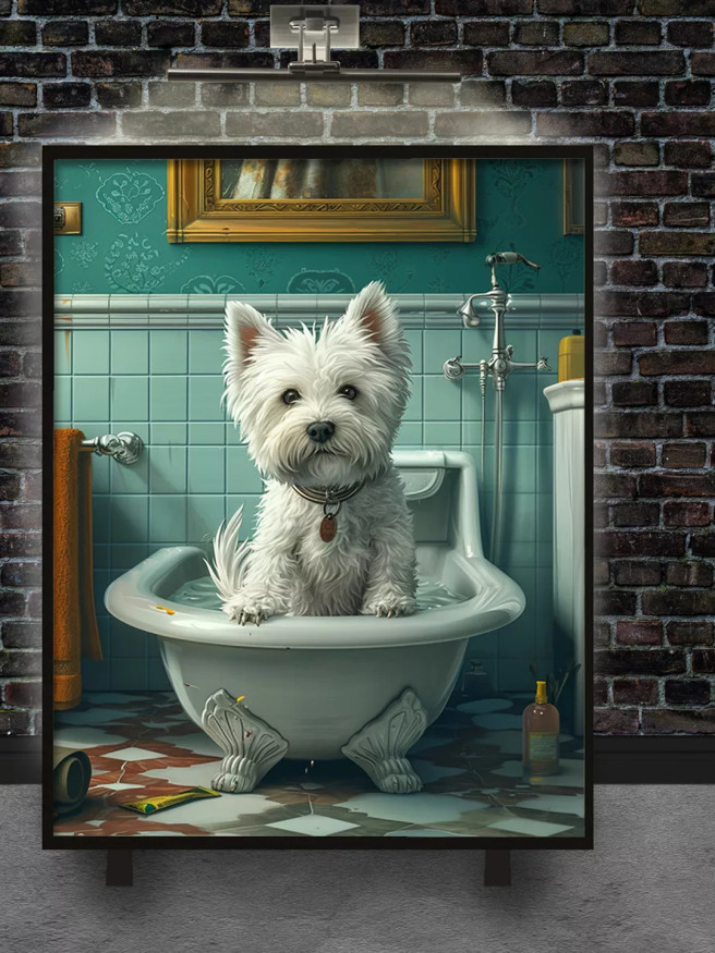 Holstga bosilgan poster &amp;quot;Yuvinish oldidan vannadagi kuchukcha&amp;quot;