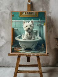 Holstga bosilgan poster &quot;Yuvinish oldidan vannadagi kuchukcha&quot;