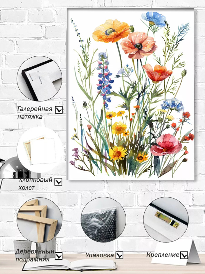 Постер на холсте &amp;quot;Полевые цветы акварелью&amp;quot;