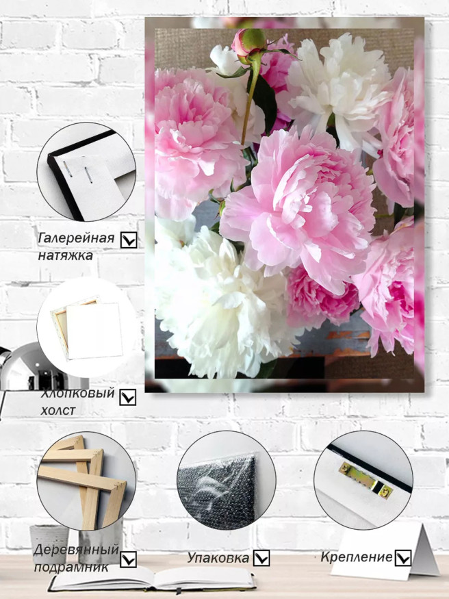 Постер на холсте &amp;quot;Розово-белые пионы в расцвете&amp;quot;