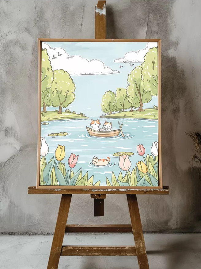 Holstga bosilgan poster &amp;quot;Qayiqdagi mushuklar sayli&amp;quot;