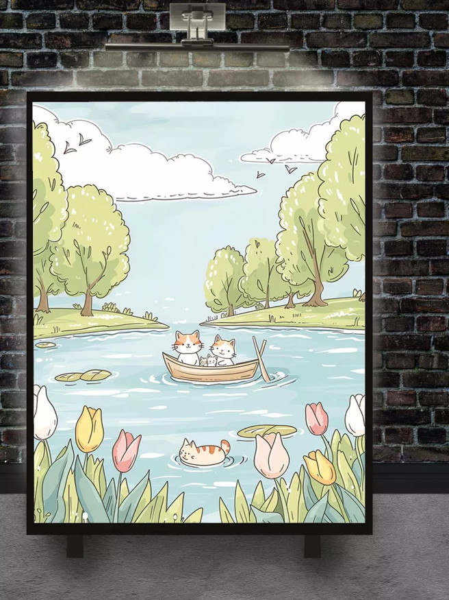 Holstga bosilgan poster &amp;quot;Qayiqdagi mushuklar sayli&amp;quot;