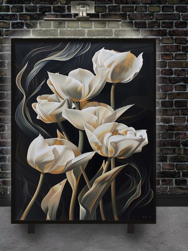 Постер на холсте &amp;quot;Белые тюльпаны на чёрном фоне&amp;quot;