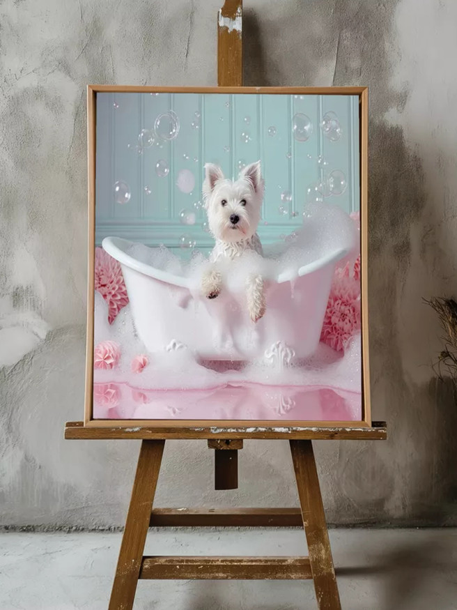 Holstga bosilgan poster &amp;quot;Pushti vannadagi oppoq kuchukcha&amp;quot;