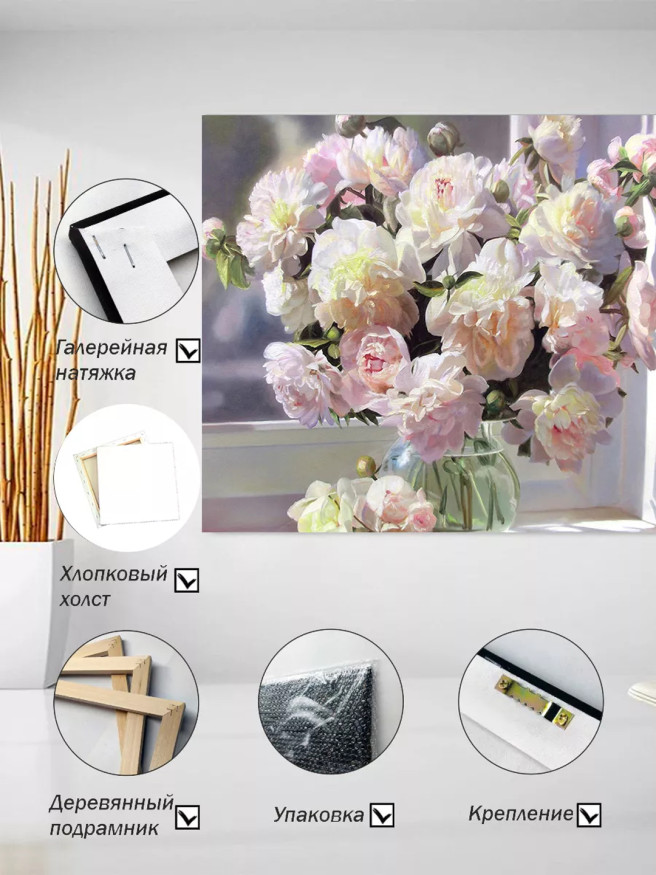 Постер на холсте &amp;quot;Рассветные пионы в стеклянной вазе&amp;quot;