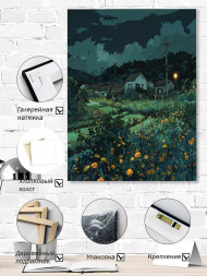 Holstga bosilgan poster "Tungi osmon ostidagi qishloq"