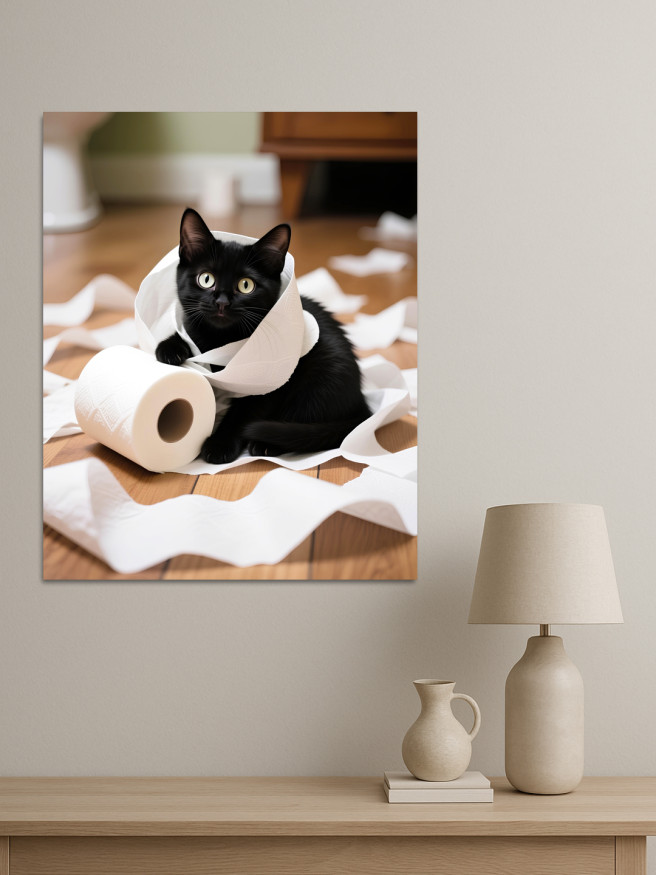 Постер на холсте &amp;quot;Чёрный кот и туалетная бумага&amp;quot;