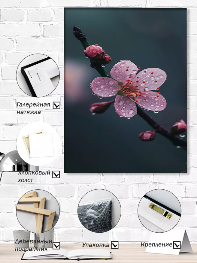 Постер на холсте &amp;quot;Цветок сакуры в каплях дождя&amp;quot;