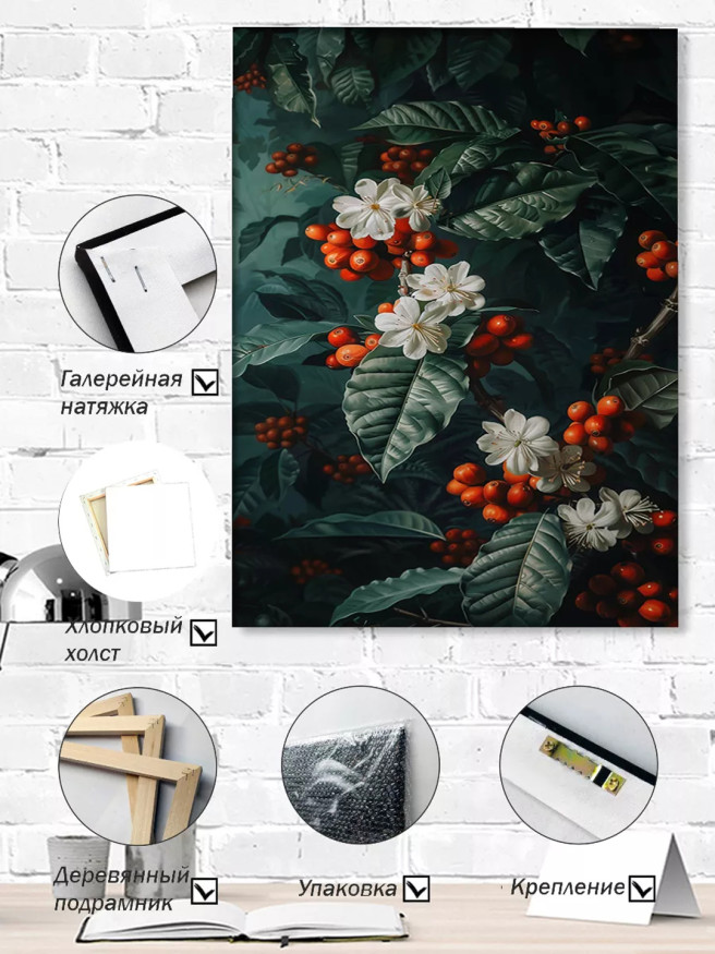 Постер на холсте &amp;quot;Цветущие ветви с красными ягодами&amp;quot;