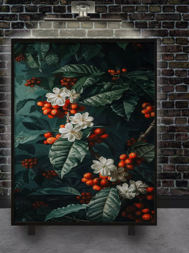 Постер на холсте &amp;quot;Цветущие ветви с красными ягодами&amp;quot;