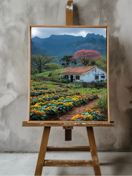 Holstga bosilgan poster &quot;Gullar ichidagi tog&#039; etagidagi uy&quot;