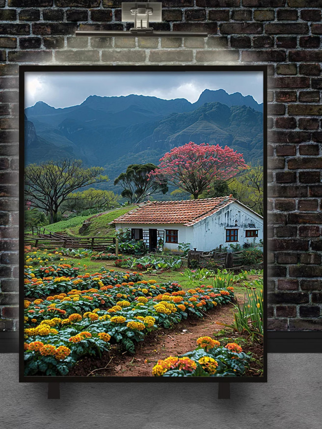 Постер на холсте &amp;quot;Цветущий дом у подножия гор&amp;quot;