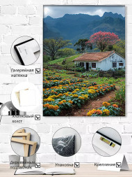 Holstga bosilgan poster &quot;Gullar ichidagi tog&#039; etagidagi uy&quot;