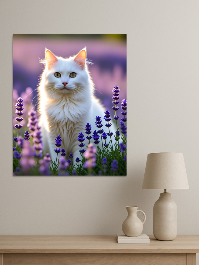 Постер на холсте &amp;quot;Белый кот среди лаванды&amp;quot;