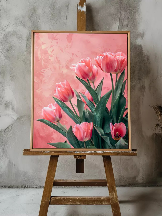 Постер на холсте &amp;quot;Розовые тюльпаны на фоне акварели&amp;quot;