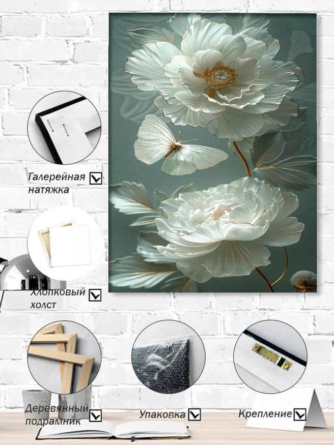 Постер на холсте &amp;quot;Белые пионы и бабочка&amp;quot;