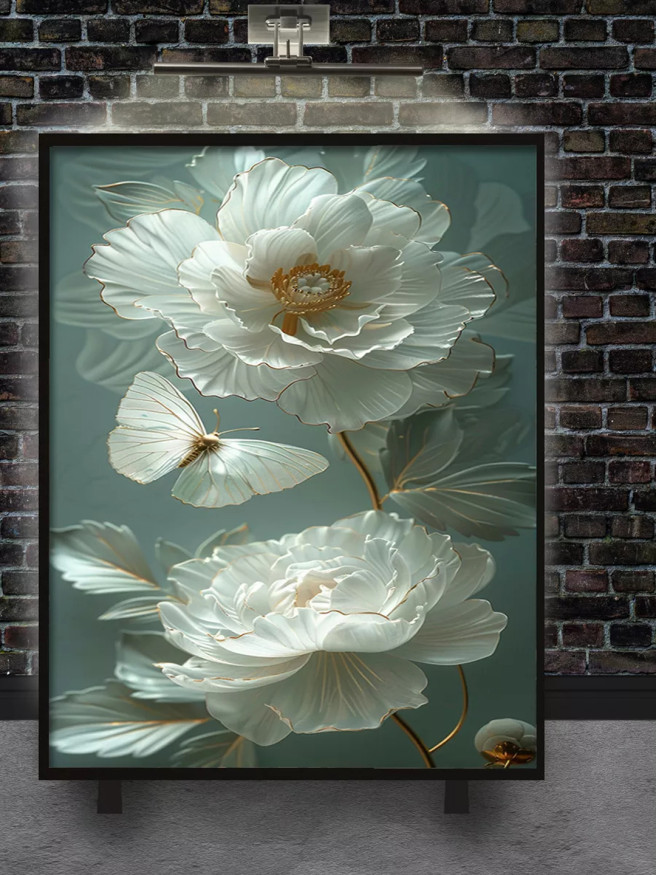 Постер на холсте &amp;quot;Белые пионы и бабочка&amp;quot;