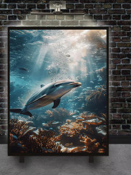 Holstga bosilgan poster "Quyoshli rifda delfin"