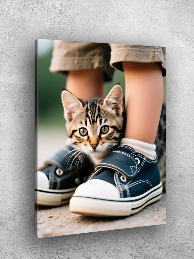 Постер на холсте &amp;quot;Котёнок у ног ребёнка&amp;quot;