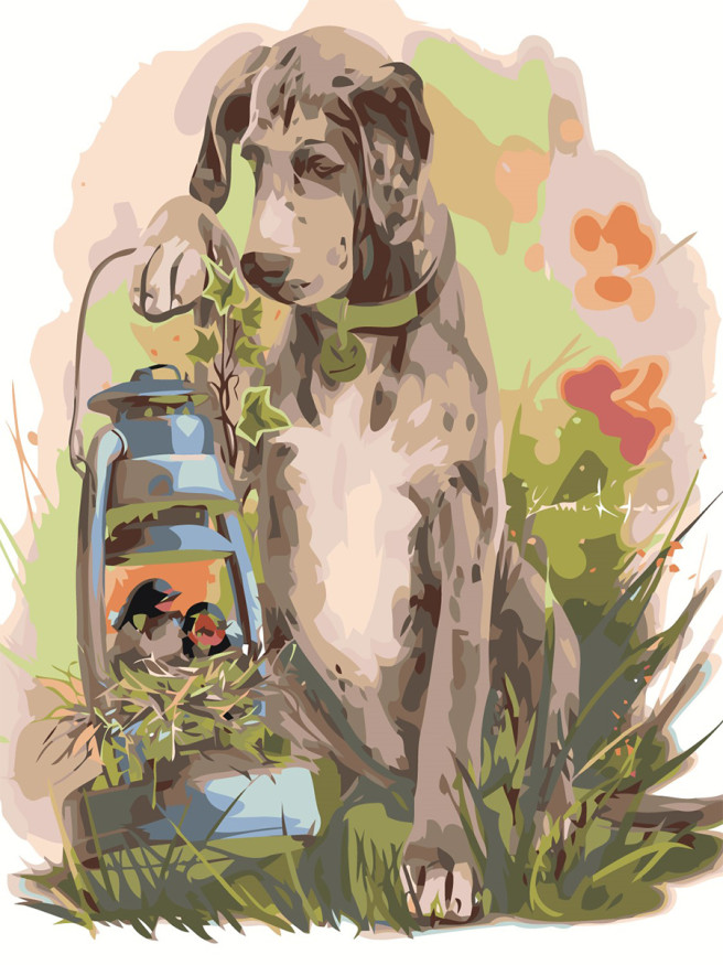 Картина по номерам &amp;quot;Собака с птичками&amp;quot;