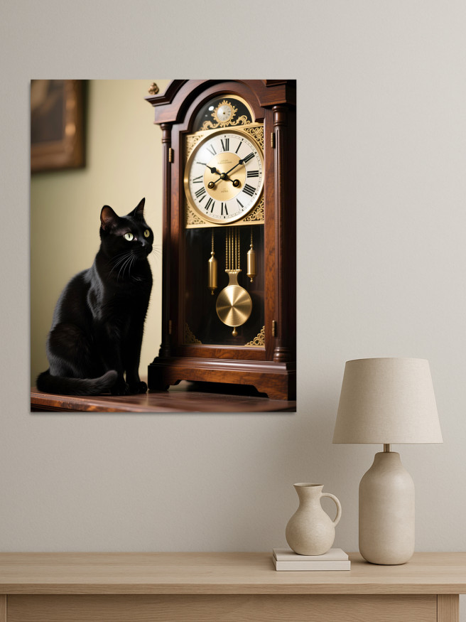 Постер на холсте &amp;quot;Кот и старинные часы&amp;quot;