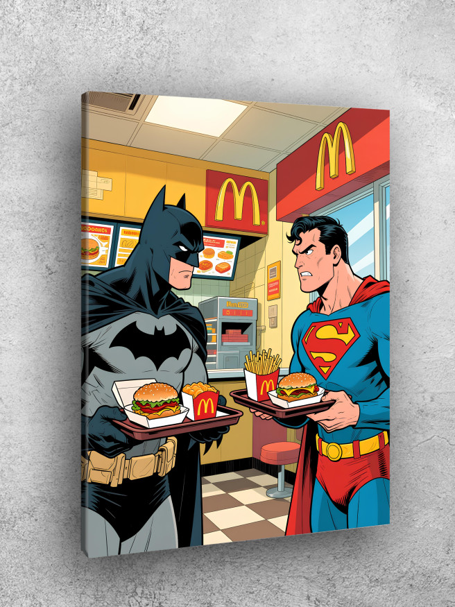 Постер на холсте &amp;quot;Бэтмен и Супермен с фастфудом&amp;quot;
