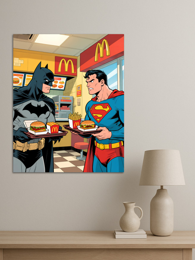 Постер на холсте &amp;quot;Бэтмен и Супермен с фастфудом&amp;quot;